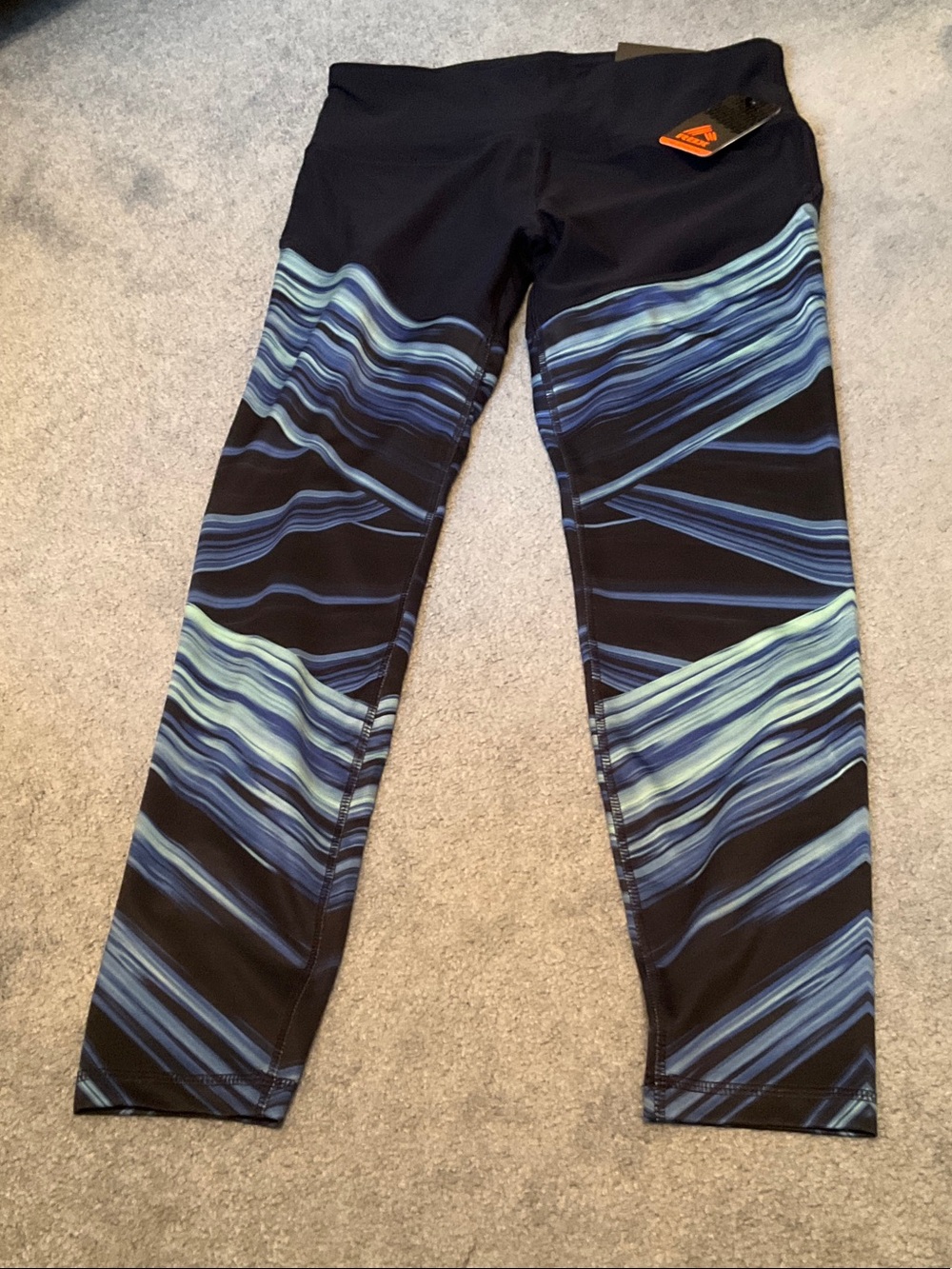 RBX Black Full Leggings with Blue & Aqua Wave Stripes